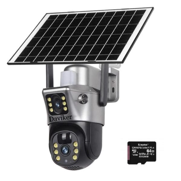 Camera de Supraveghere DAVIKER, 4K 8MP, 4G cu slot SIM, cu Panou Solar (functionabil si iarna), zoom digital 10X, Acumulator incorporat 12000 mAh, Micro SD, alarma, gri + card de memorie 64GB cadou